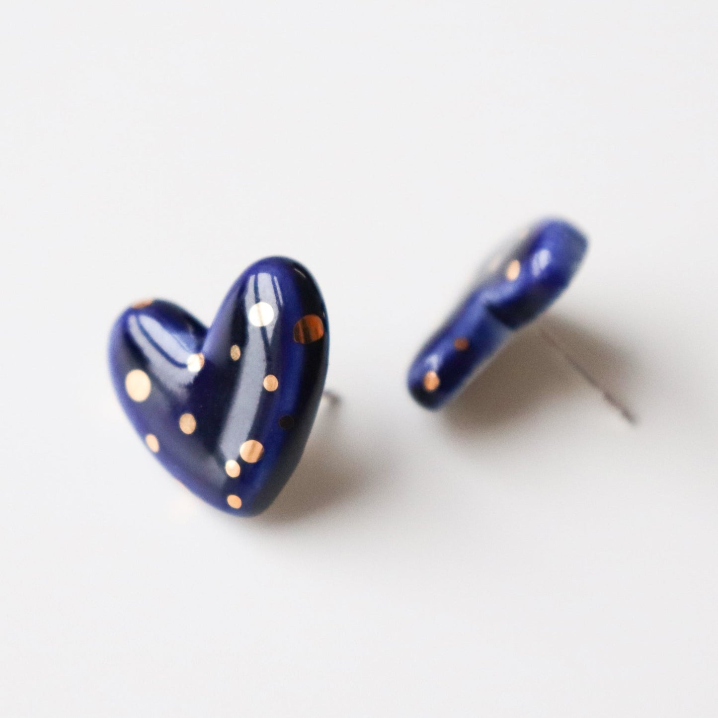 Dotted Porcelain Heart Studs - Blue