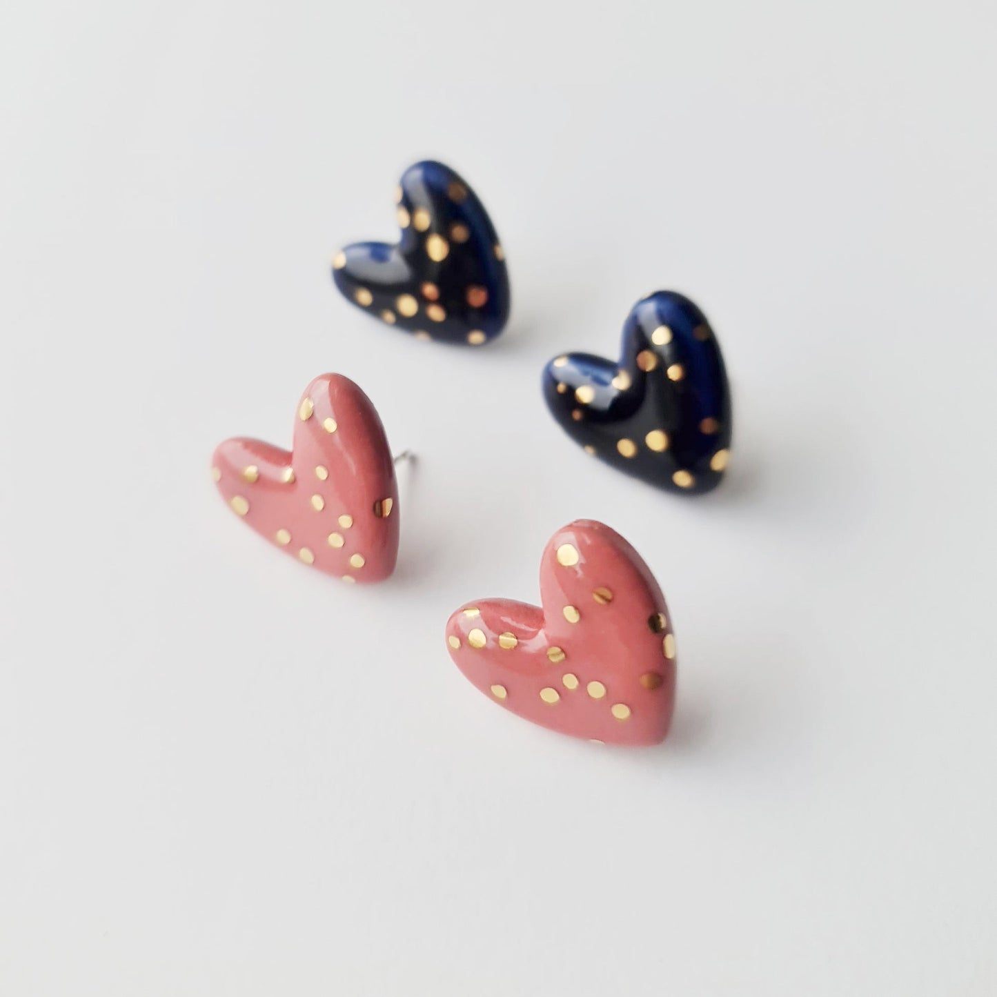 Dotted Porcelain Heart Studs - Blue