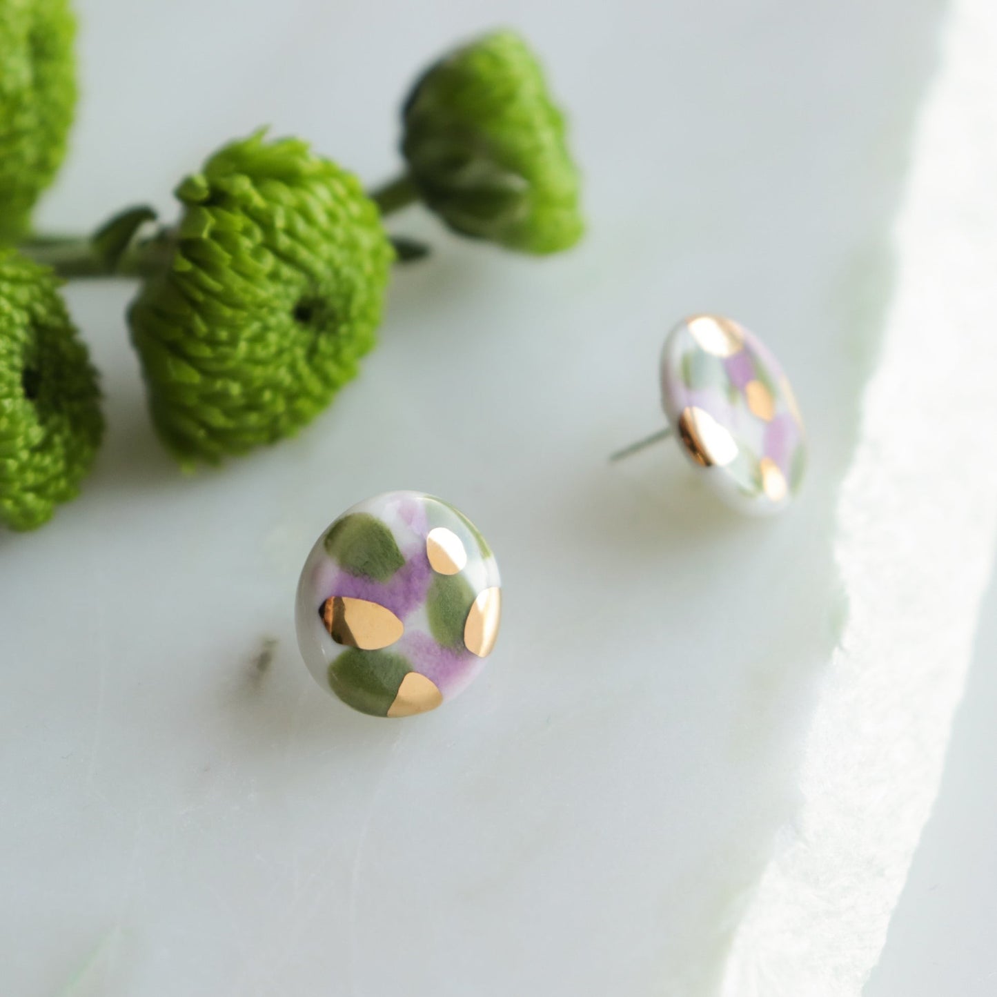 Porcelain Tache Studs - Green and Violet