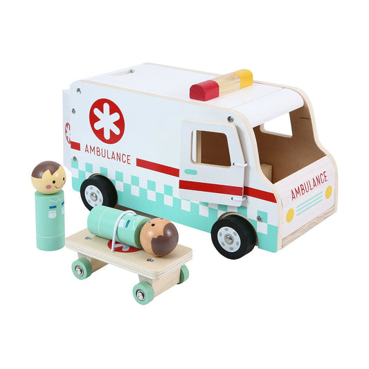 Puinen ambulanssi auto liikkuvilla pyörillä ja minifiguureilla