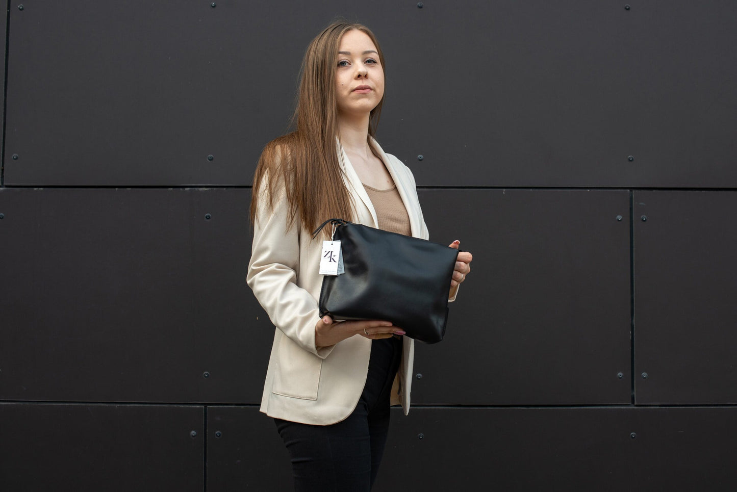 Leather Cosmetic Bag, Black - Large